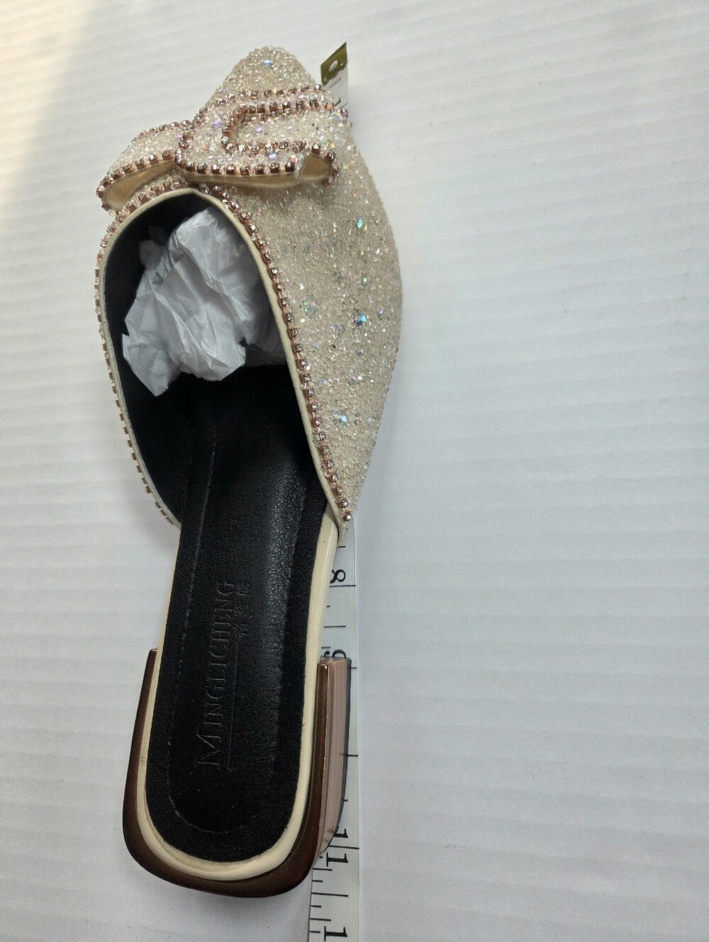 Embellished Pointed-Toe Slip-On Mules in Champagne Bow Preppy Office - Picture 6 of 7